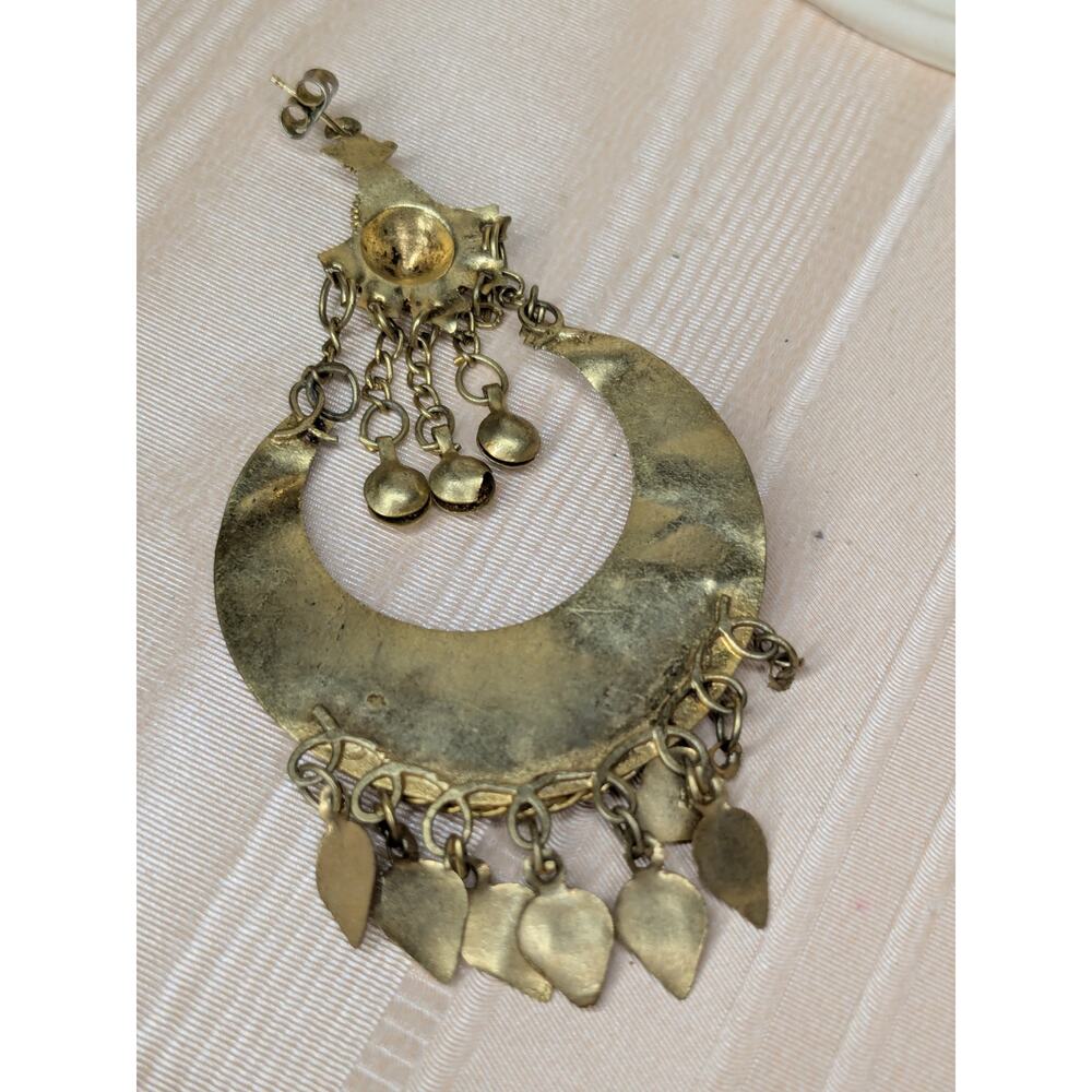 Vintage Gold Tone Chandelier Earrings Round Bell Accents Belly Dancer Coin Drop - Picture 8 of 10
